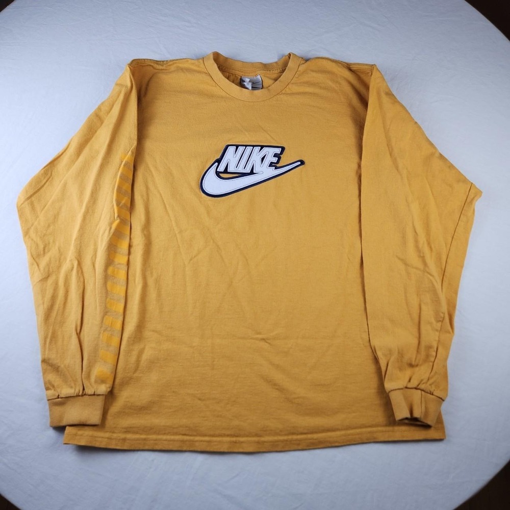 Nike Vintage Y2K Yellow Long Sleeve Shirt Mens Medium Grey Tag Embroidered Logo